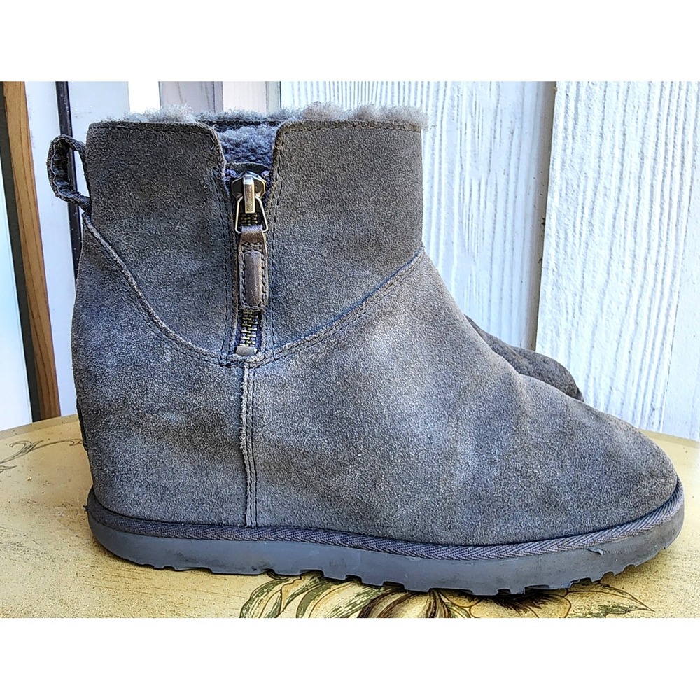 UGG Sz 8‎ Y2K Classic Femme Zip Mini Wedge Boots Gray Suede Minimalist Scandi